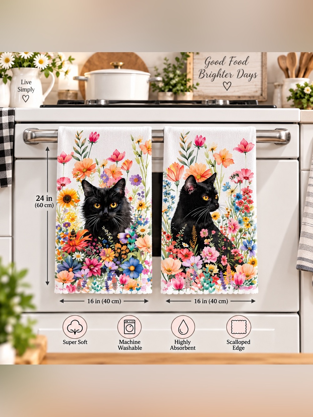 Black Cat Floral Kitchen Towels - Soft Decorative Pet-Themed Set